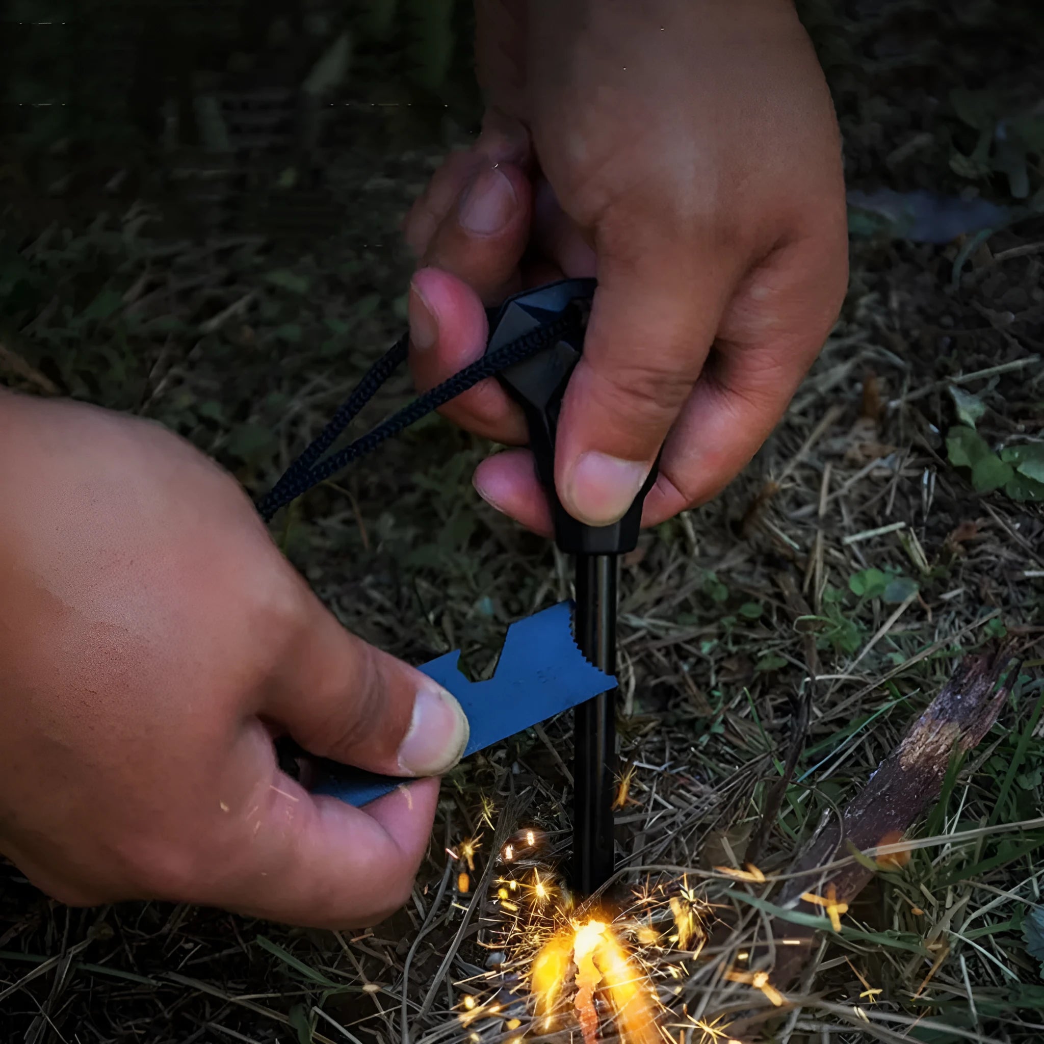 Black outdoor survival flint tool with magnesium rod and stainless steel scraper