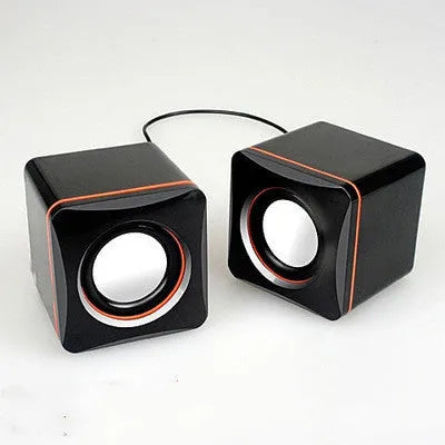 Black square USB-powered 2.0 mini desktop speaker for computer and laptop audio.