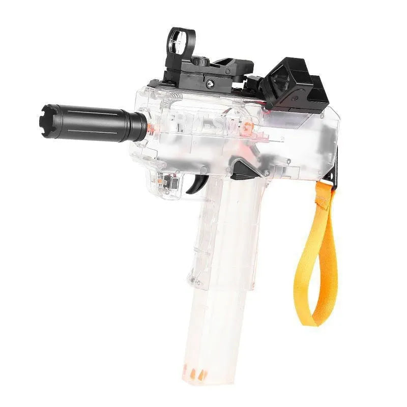 Uzi electric water gun toy transparent design with accessories showing 35ft range capability
