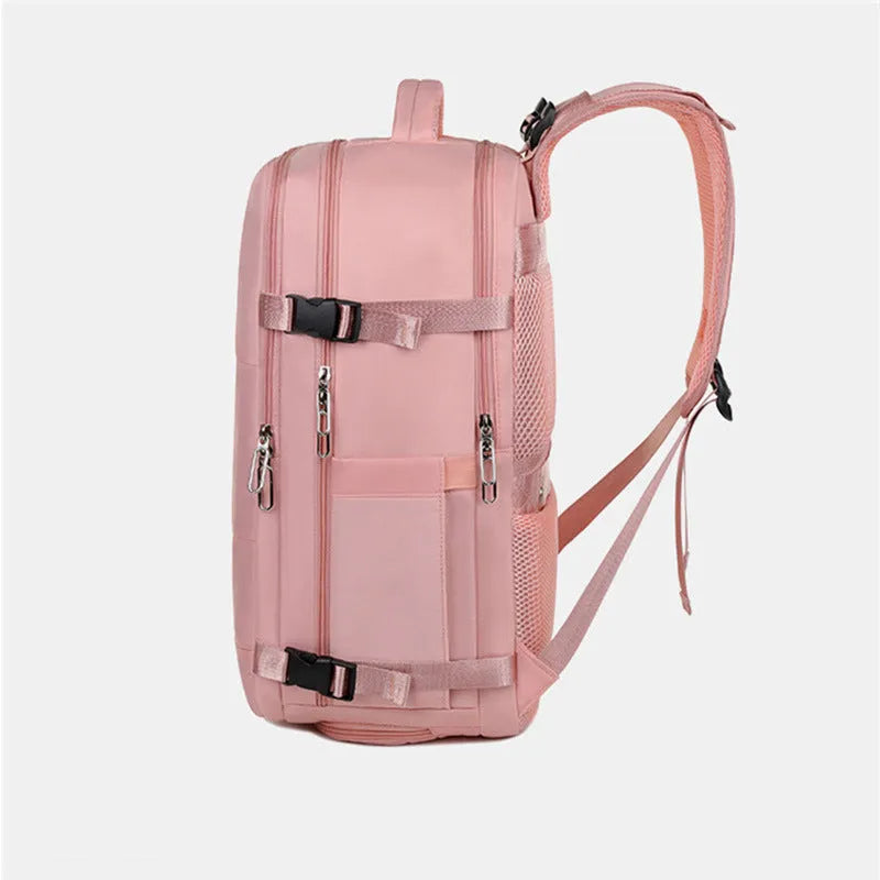 Large purple waterproof Oxford cloth travel backpack showing organisational pockets and air pillow belt