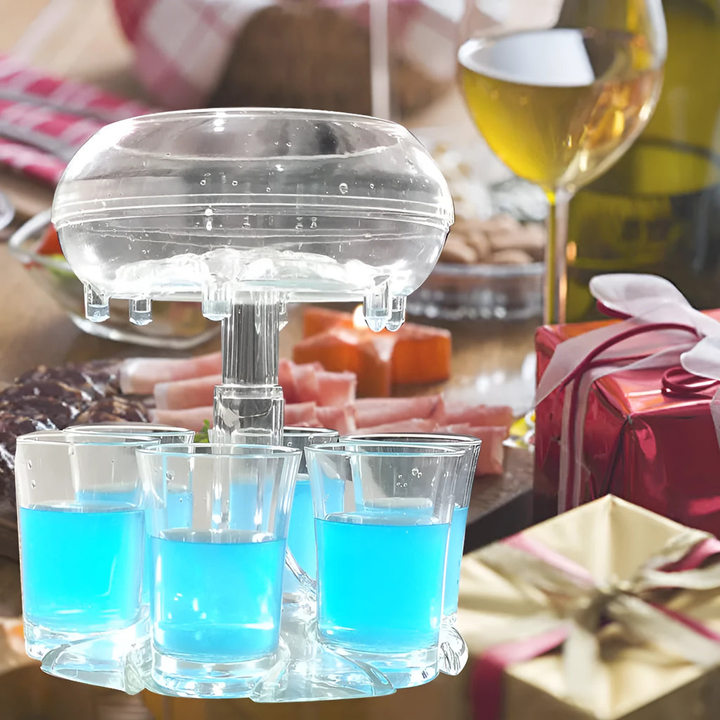 Clear six-shot glass dispenser holder with rack and six cups on a bar table.