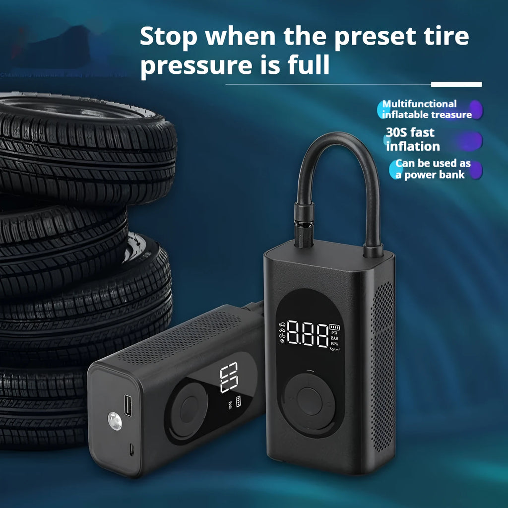 Portable wireless tyre pump with power bank and torch on a black background.
