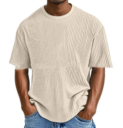 Waffle knit short sleeve t-shirt in cotton blend fabric showing textured fabric detail