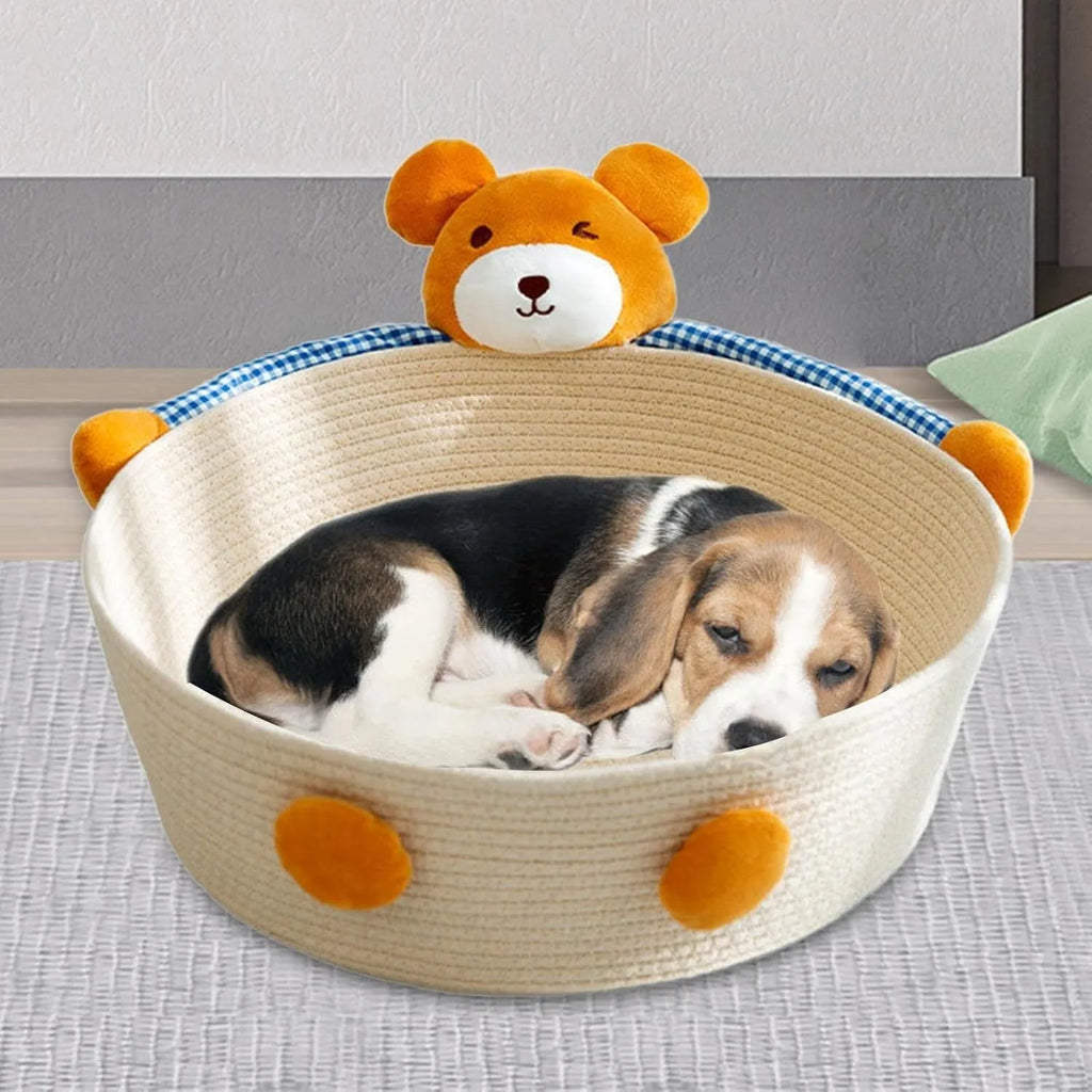 Woven cotton rope cat bed with scratching surface in basket design