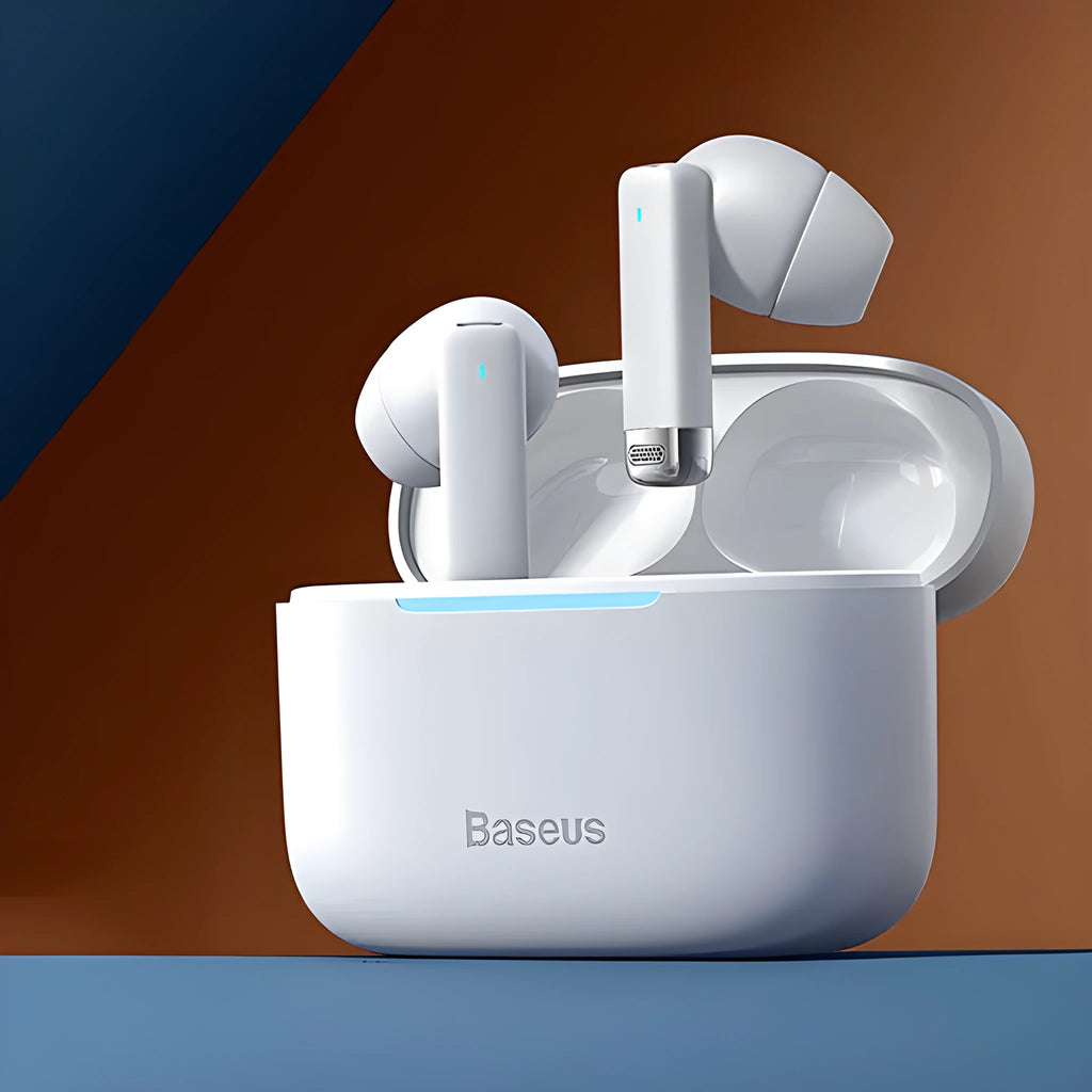 Pearl White and Obsidian Black active noise cancelling wireless earbuds with charging case.