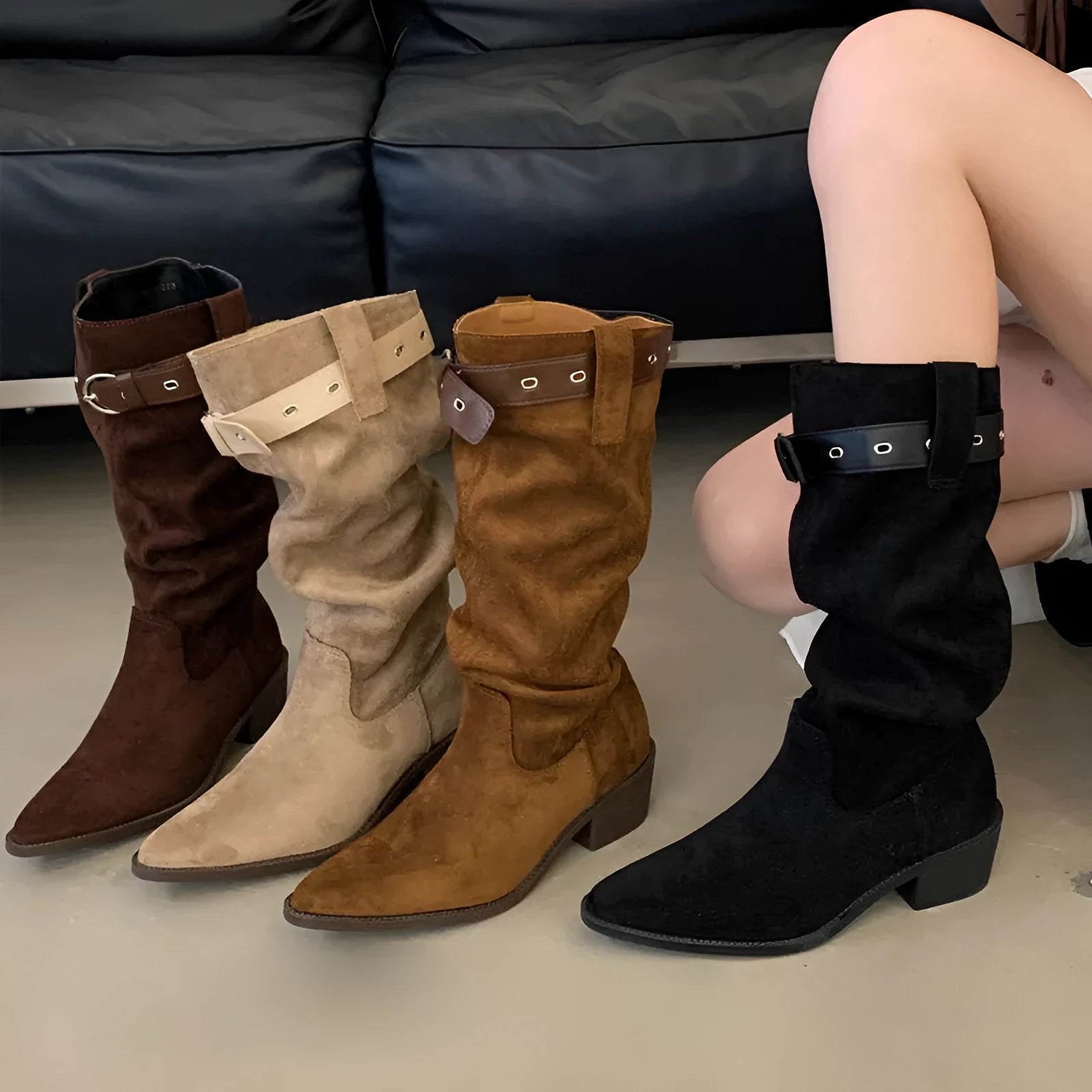 Western cowboy mid-calf boots with chunky heel and pointed toe in black, khaki, and brown