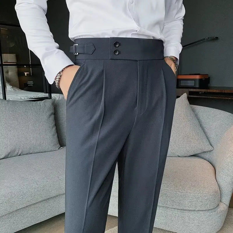 Retro high waist straight leg casual trousers in a cotton blend fabric, shown in a neutral colour.