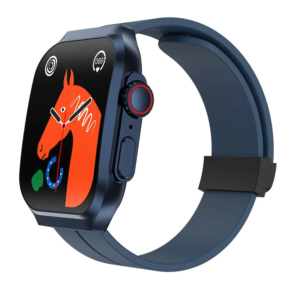 Smart watch with 3D curved AMOLED screen in black, blue, and silver colour options on wrist