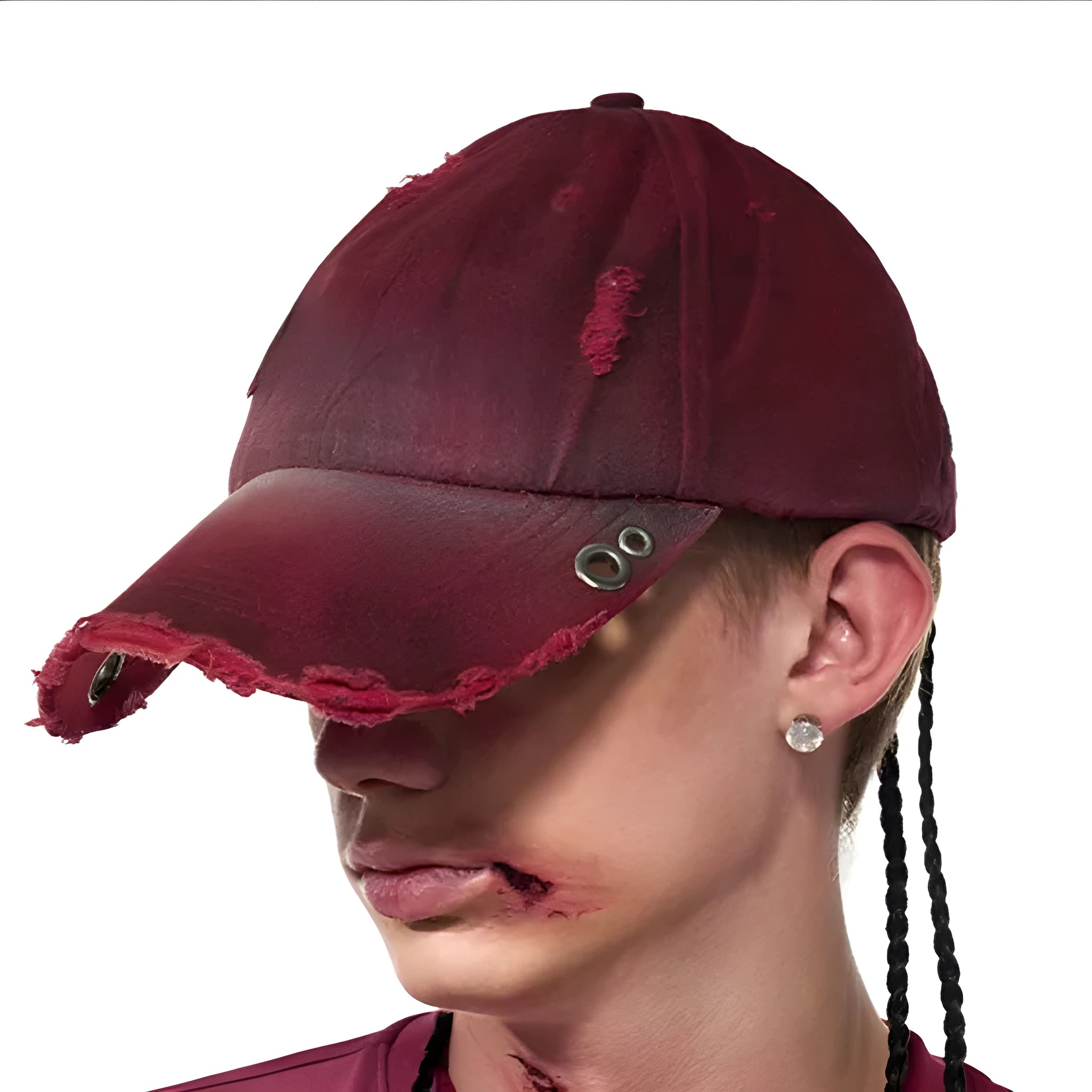 Rose red distressed peaked baseball cap with adjustable back strap and spray-painted vintage finish