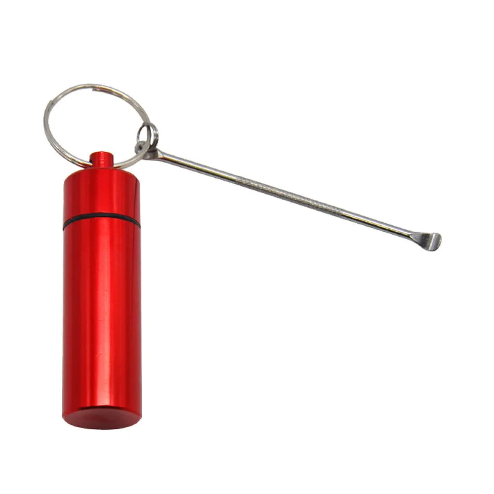Aluminium portable pill box with spoon and keychain in five colour options