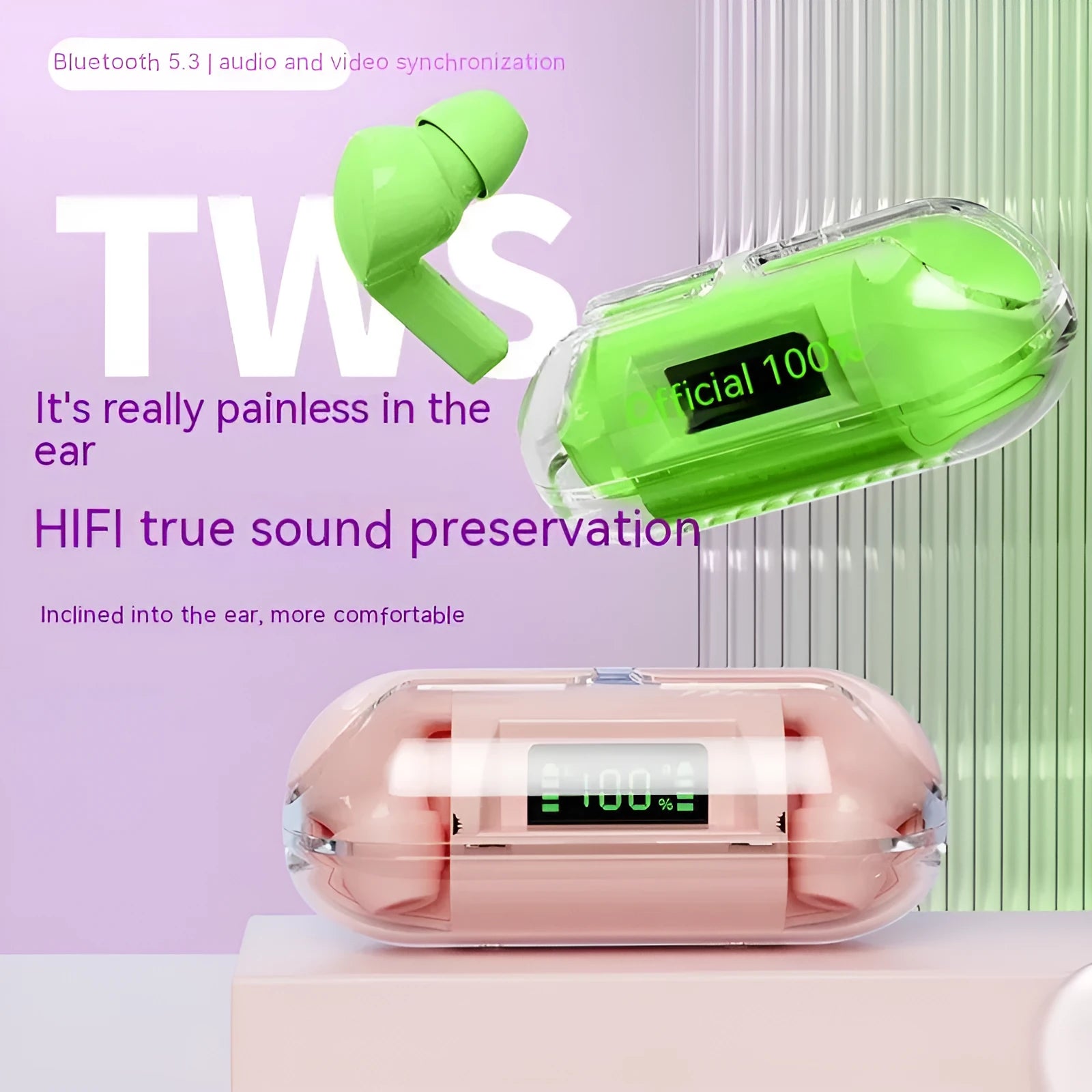 Wireless Bluetooth earbuds in a transparent charging case with digital display, shown in pink colour.