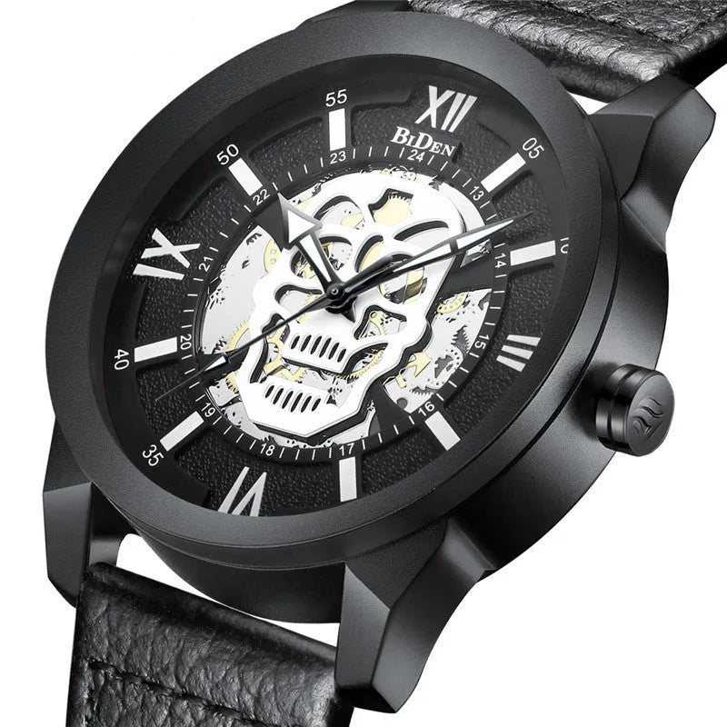 Men's hollow quartz watch with black strap showing calendar function