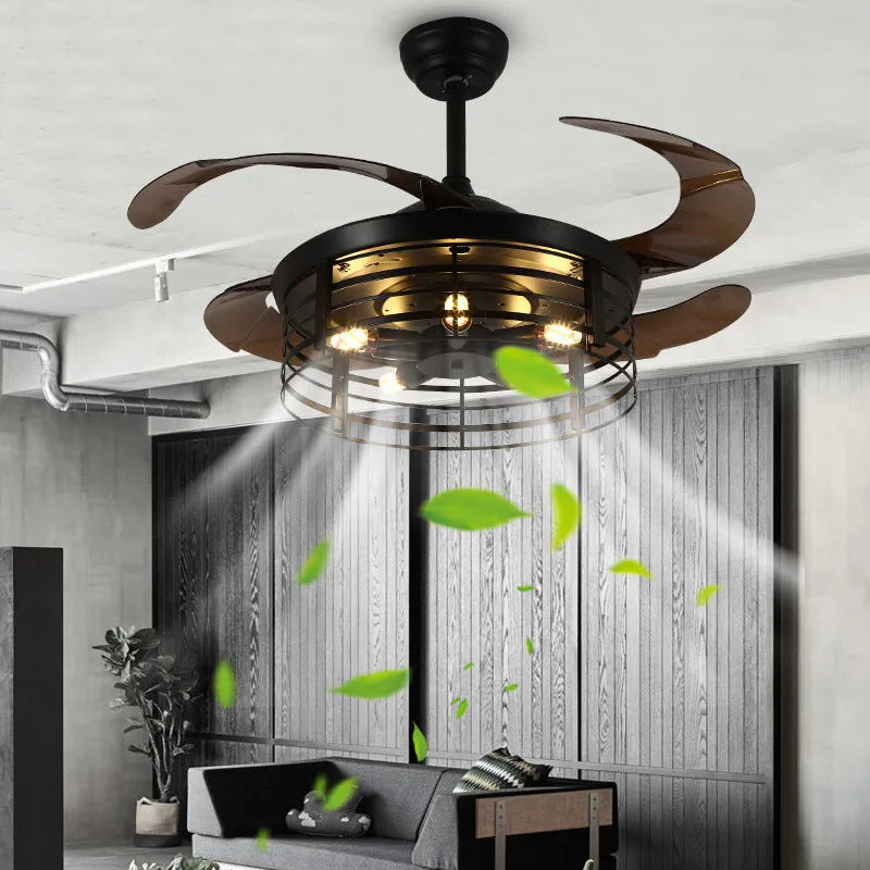 American retro style ceiling fan lamp with remote control on a white background, showing acrylic shade and concealed blades.