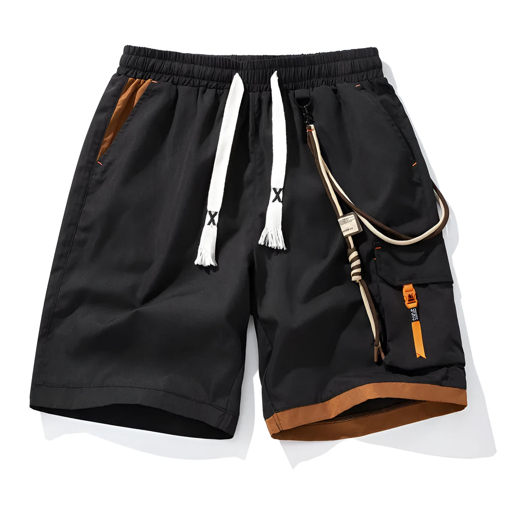Men's plus size bamboo fibre sports shorts in a loose, high-waisted, straight-leg design on a hanger.