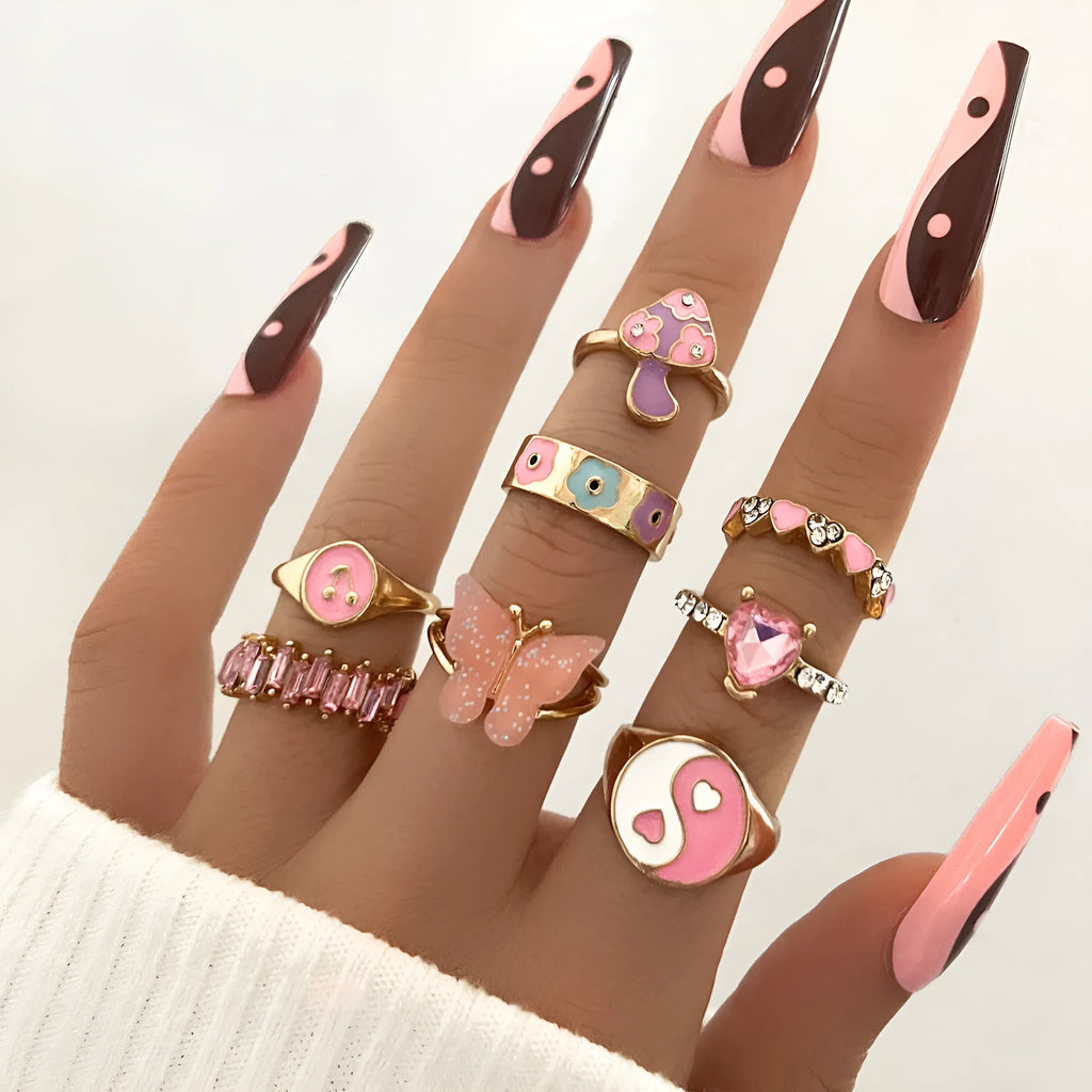 Set of 8 zinc alloy colour dripping rings with plant and flower motifs in European style