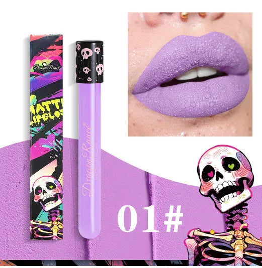 Halloween matte lip gloss in a test tube skull container showing gold and silver shades