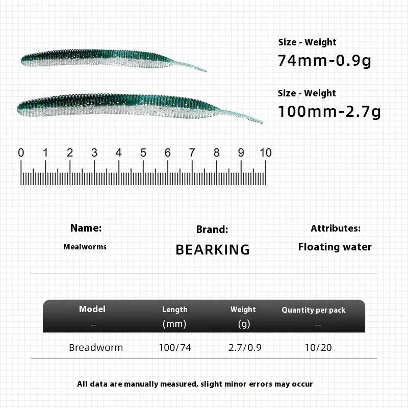 Lure noodle worm soft bait lead-free – 7cm and 10cm artificial mealworm fishing bait in multiple colours