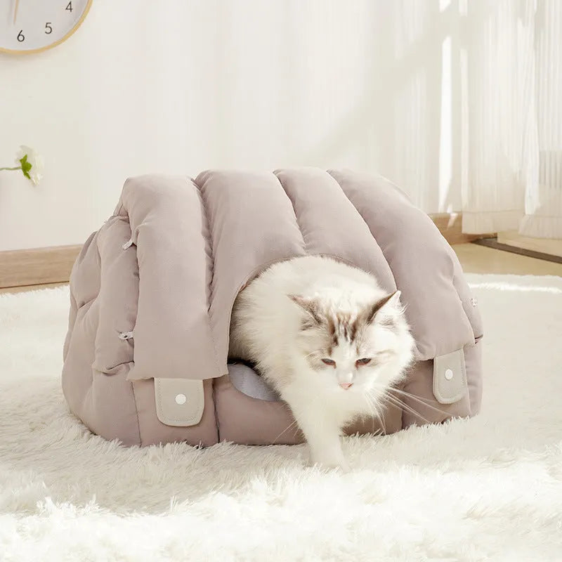 Grey and green dual-purpose arched pet nest shown as an enclosed bed and open sofa for cats and dogs