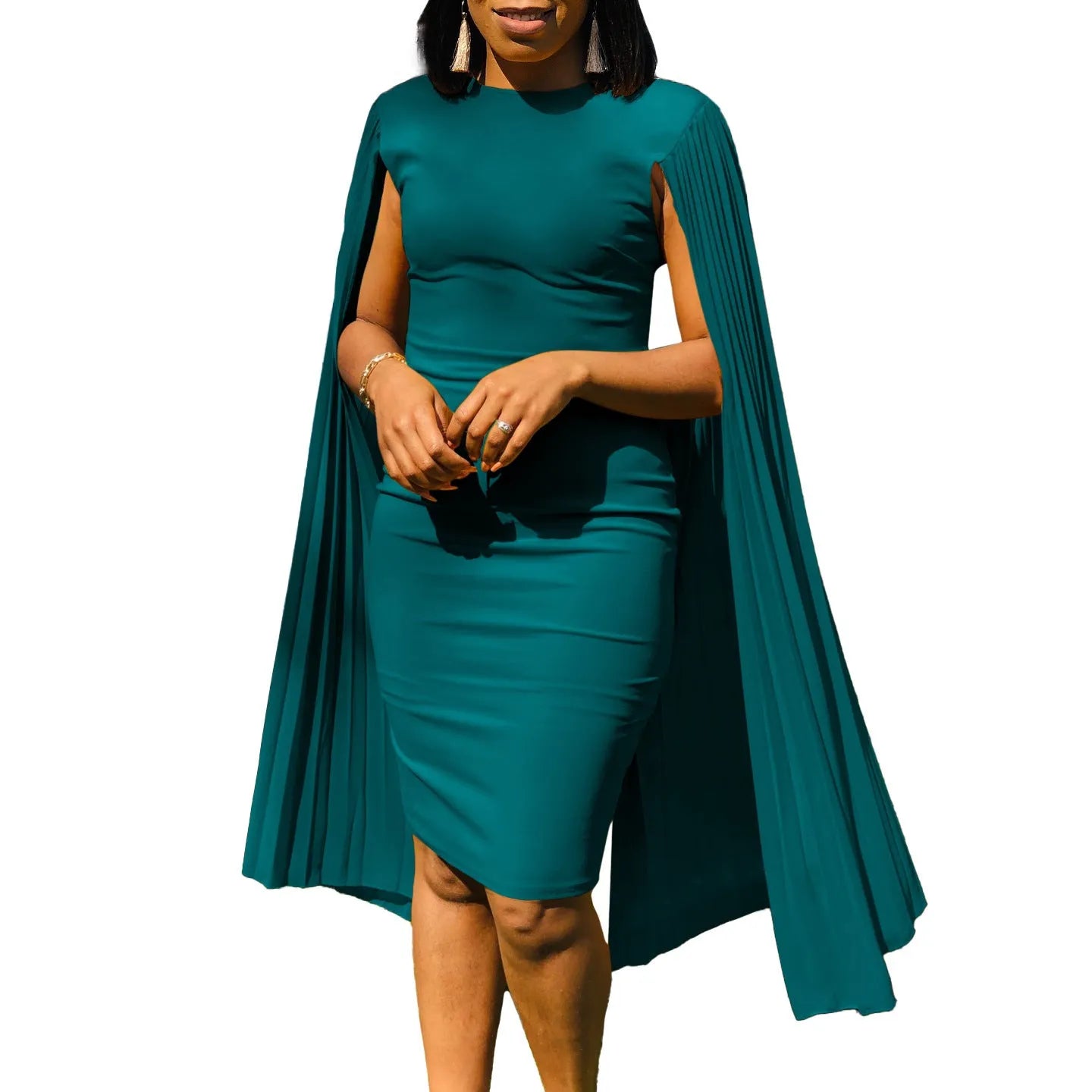 Women's long sleeve high-waist evening gown in a solid colour with a round neck and pleated shawl detail.