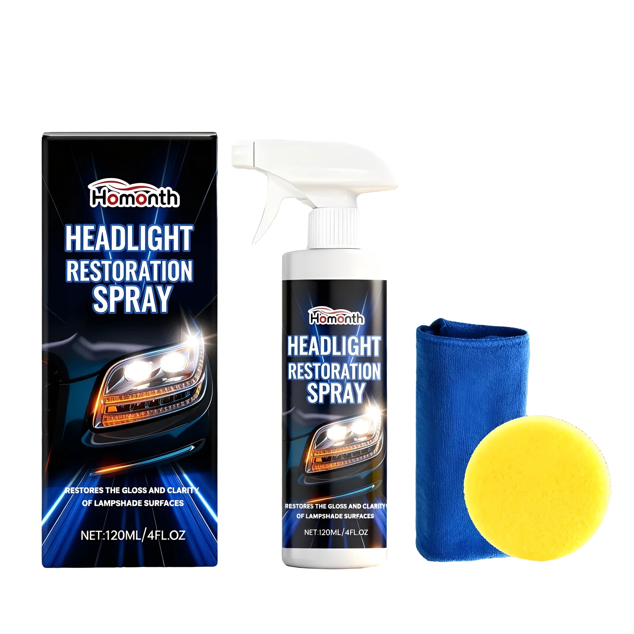 HOMONTH headlight restoration kit showing 120ml spray bottle, sponge, and microfibre towel