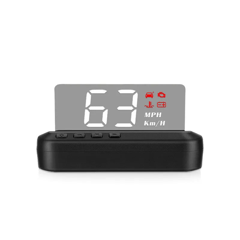 Black car head up display unit showing 2.0-inch screen, with OBD cable for connection.