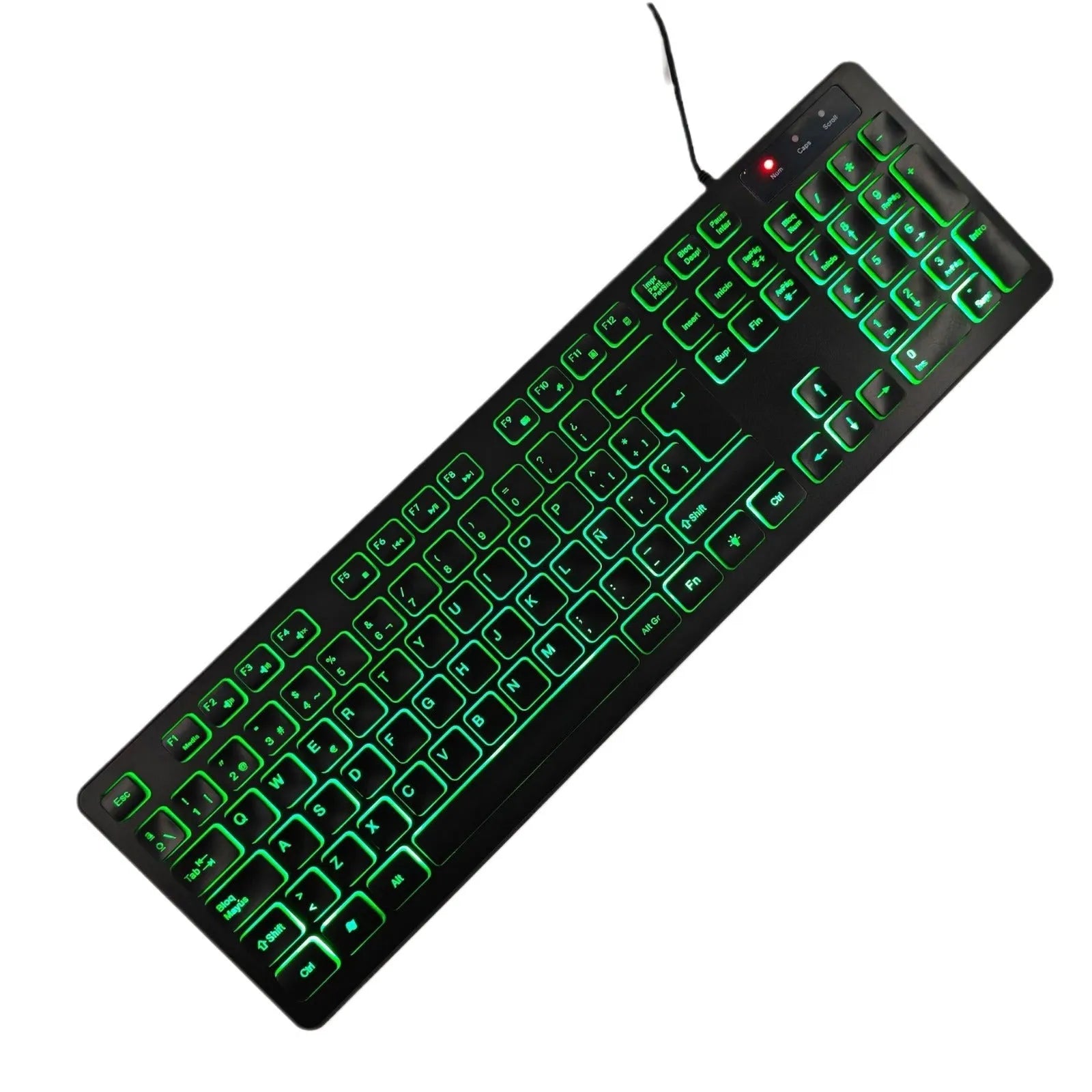 USB wired plastic keyboard with backlight and multilingual key legends in low light