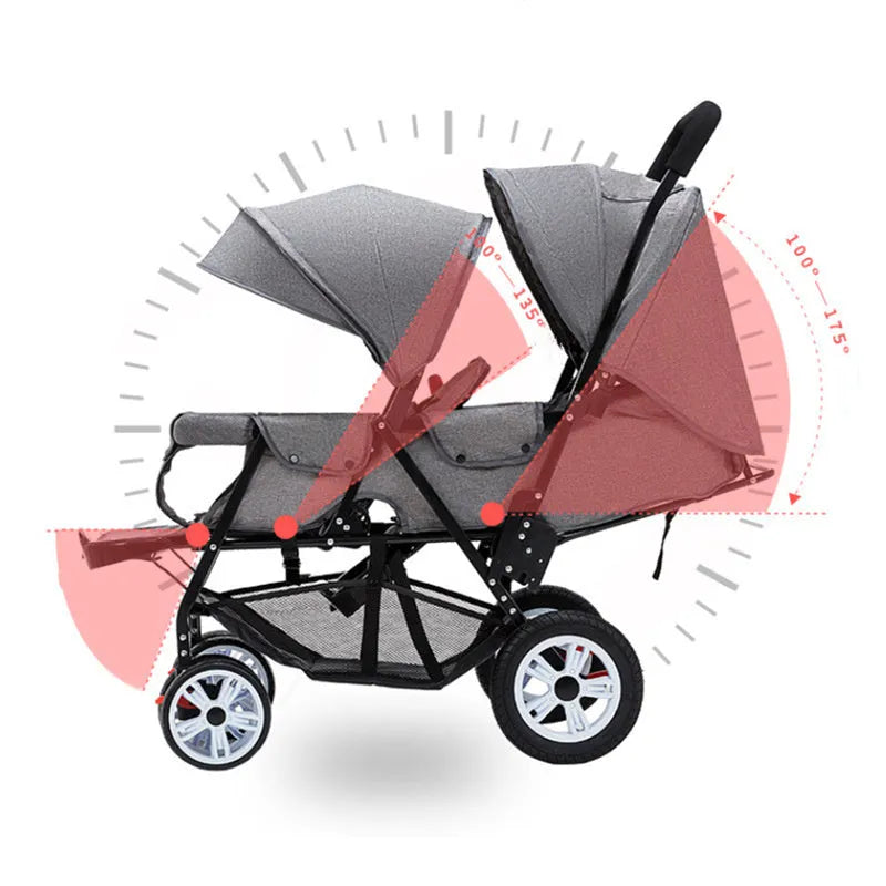 Folding double stroller with front and rear seats for two children, gray colour, dimensions 880x530x1030mm