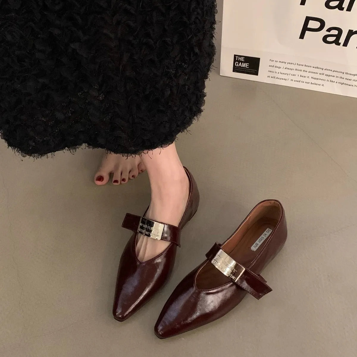 Women's black microfiber Mary Jane shoes with silver pointed toe detail and buckle fastening