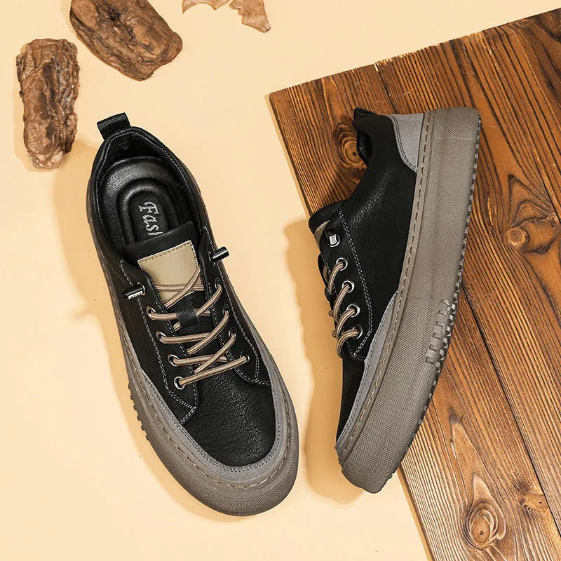 Men's black round toe leather lace-up casual shoes with rubber sole