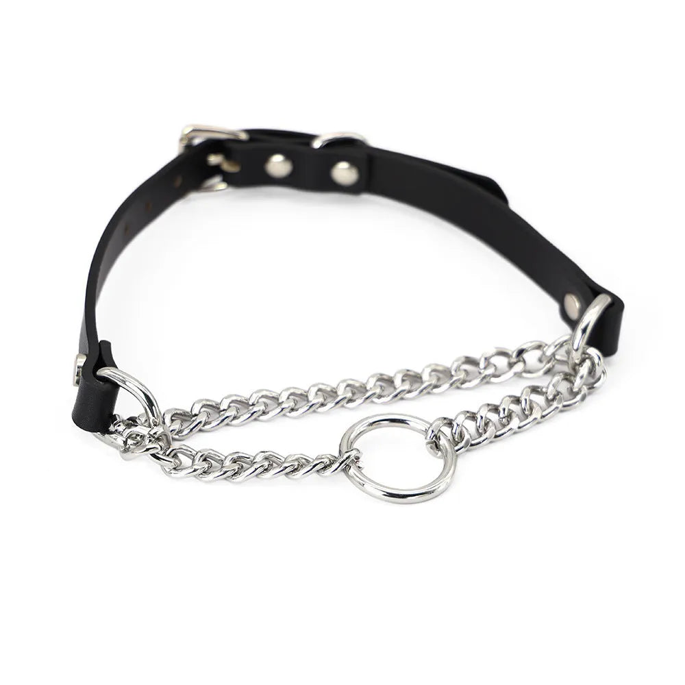 Black cowhide leather bondage collar and matching leash with hand grip rope.