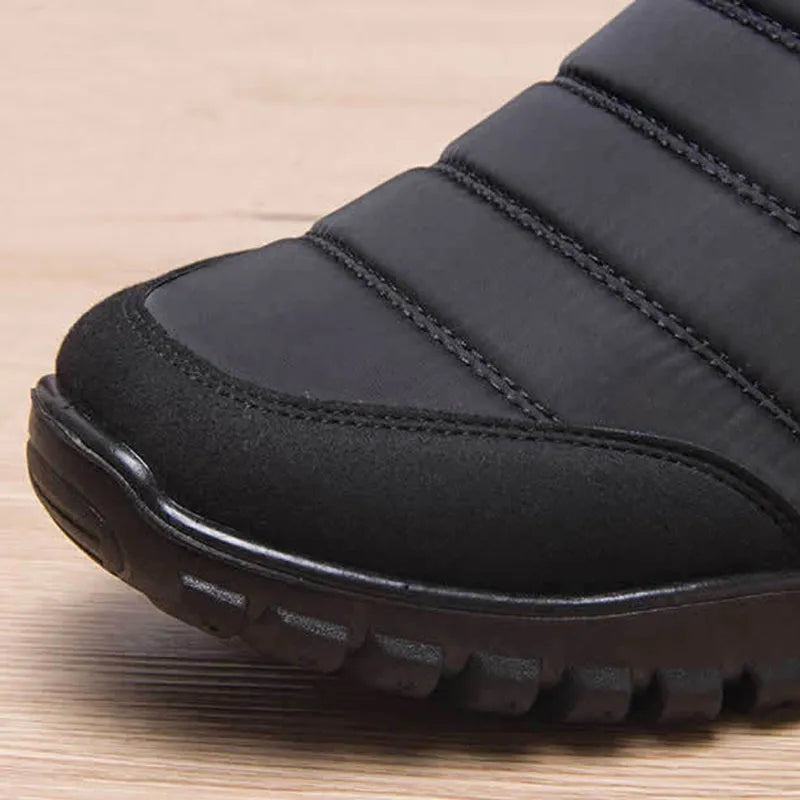 Men's waterproof winter boots in black with canvas upper, plush lining, side zip and flat polyurethane sole