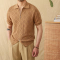 Women's light brown zip-front cotton cardigan with short sleeves and a lapel collar laid flat.