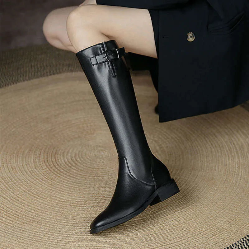 Black or brown knee high boots with low chunky heel and round toe, microfiber upper, sizes 35-40.