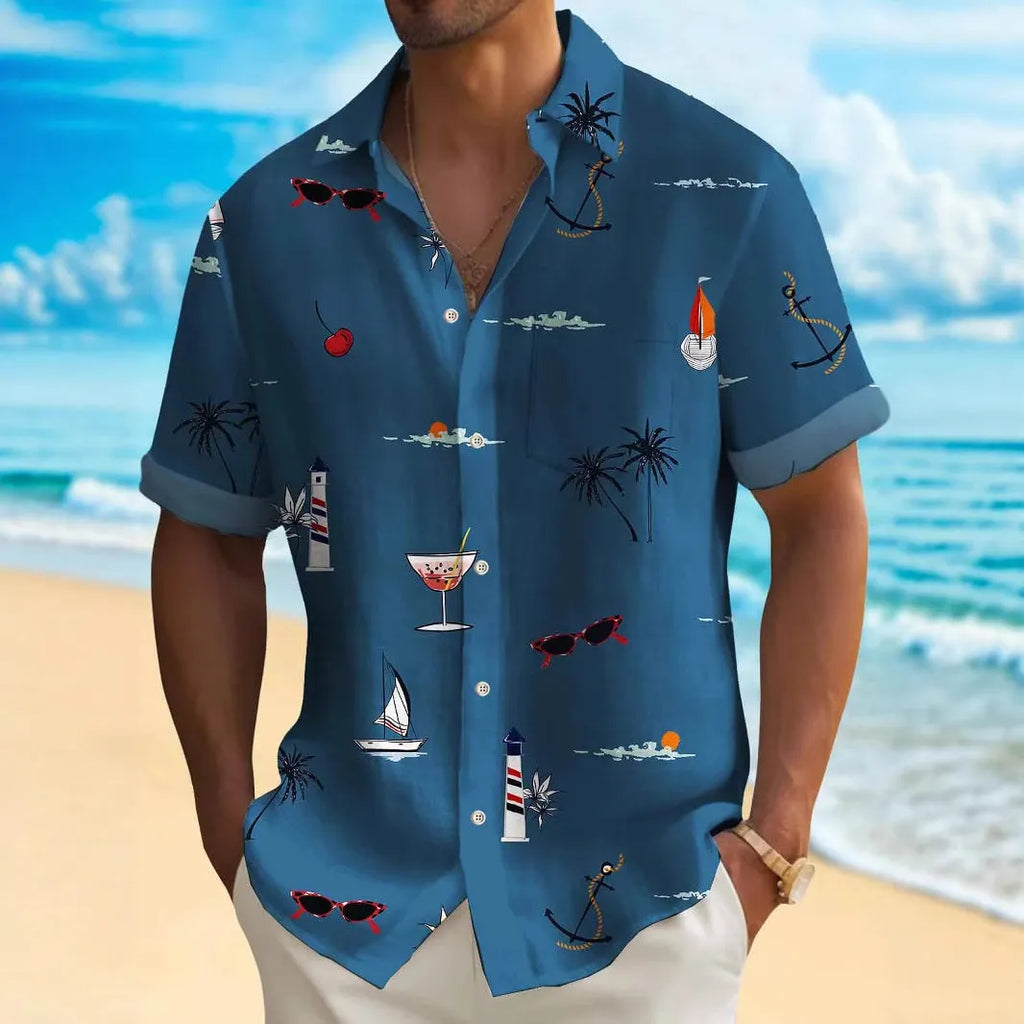 Man wearing a brightly coloured, digitally printed Hawaiian shirt with a loose fit and short sleeves.