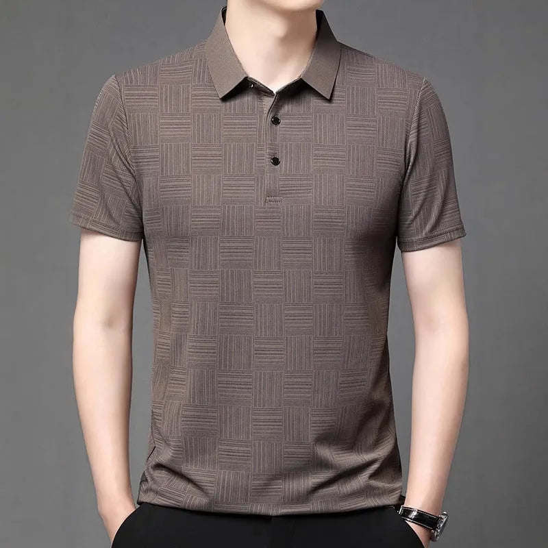 Men's slim fit lapel collar t-shirt in chemical fibre blend fabric, shown in multiple colour options