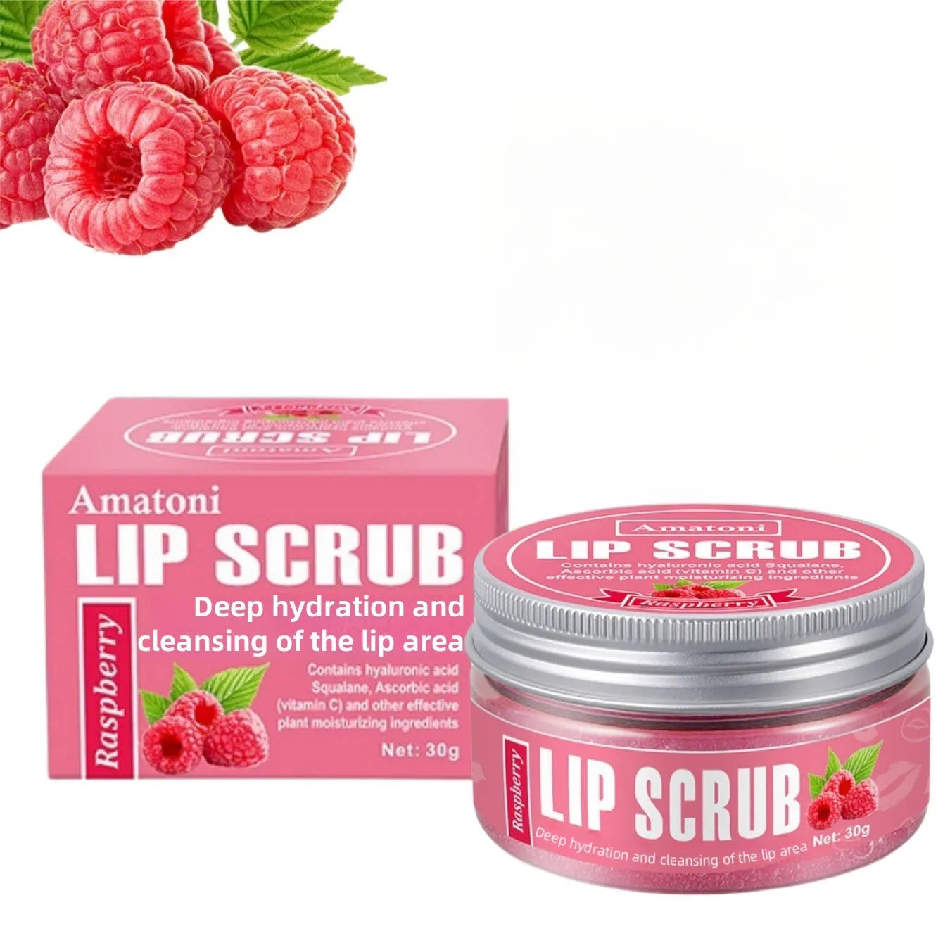 Amatoni Lip Scrub 30g tube in fruit flavours: coconut, raspberry, vanilla, watermelon