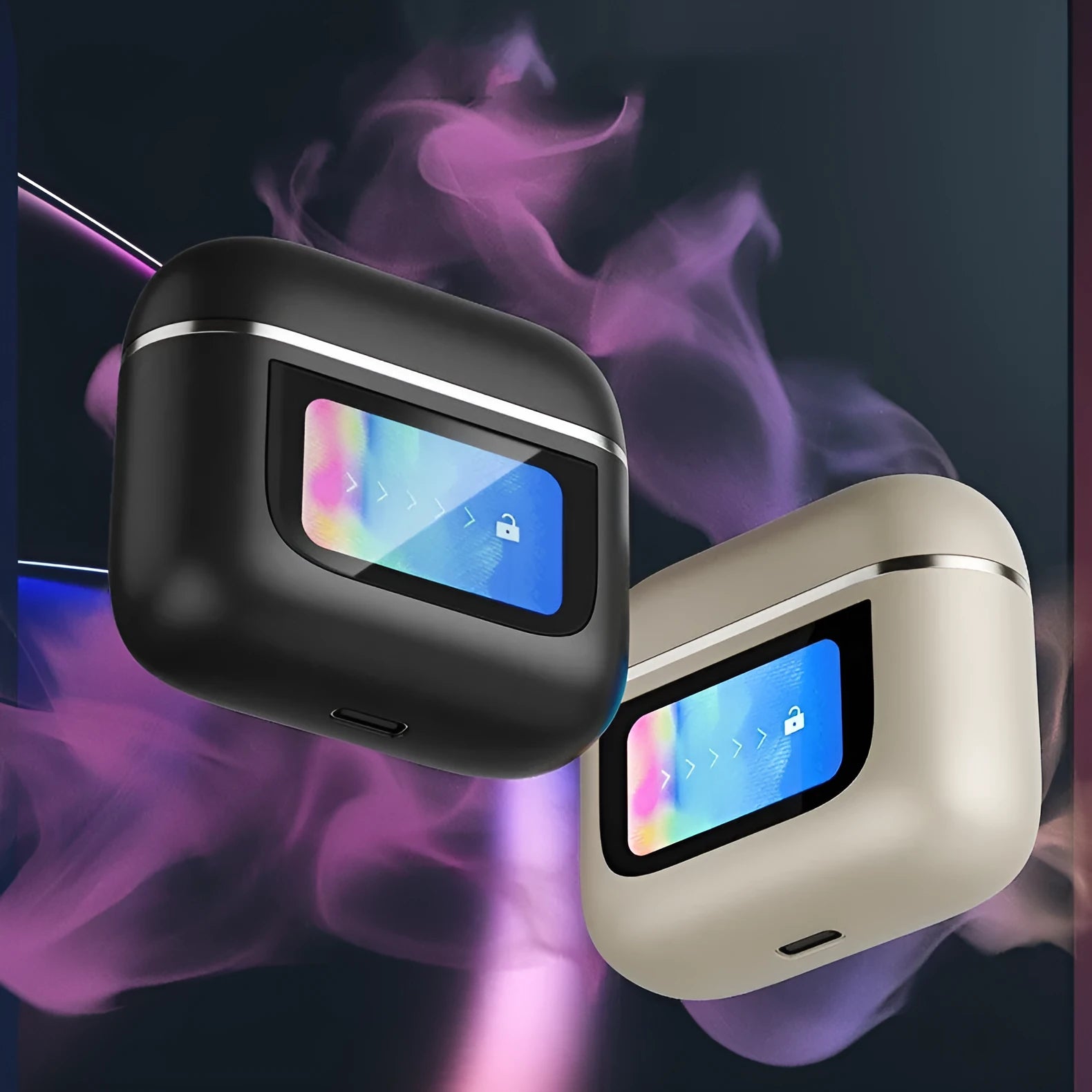 Black wireless in-ear headphones with a touch screen panel on the earpiece.