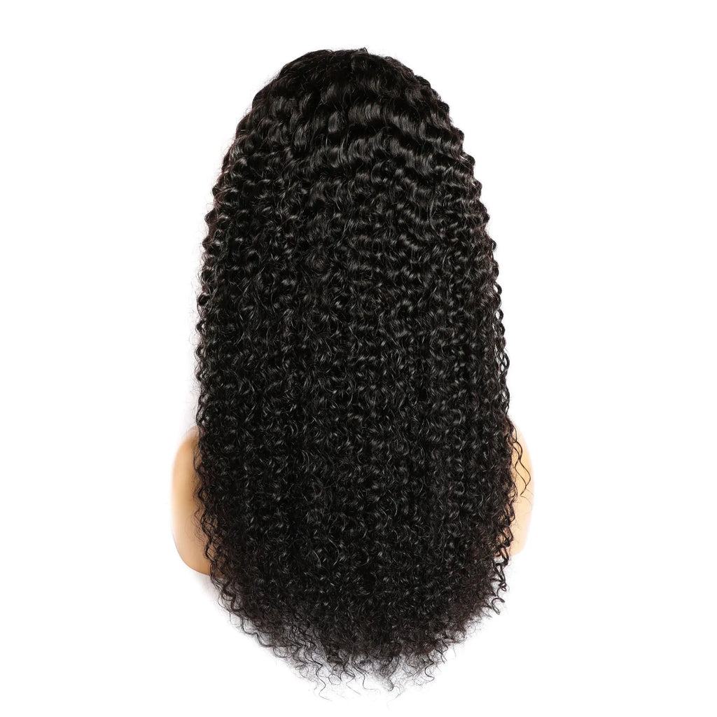 Curly human hair lace front wig with hand woven construction showing natural texture