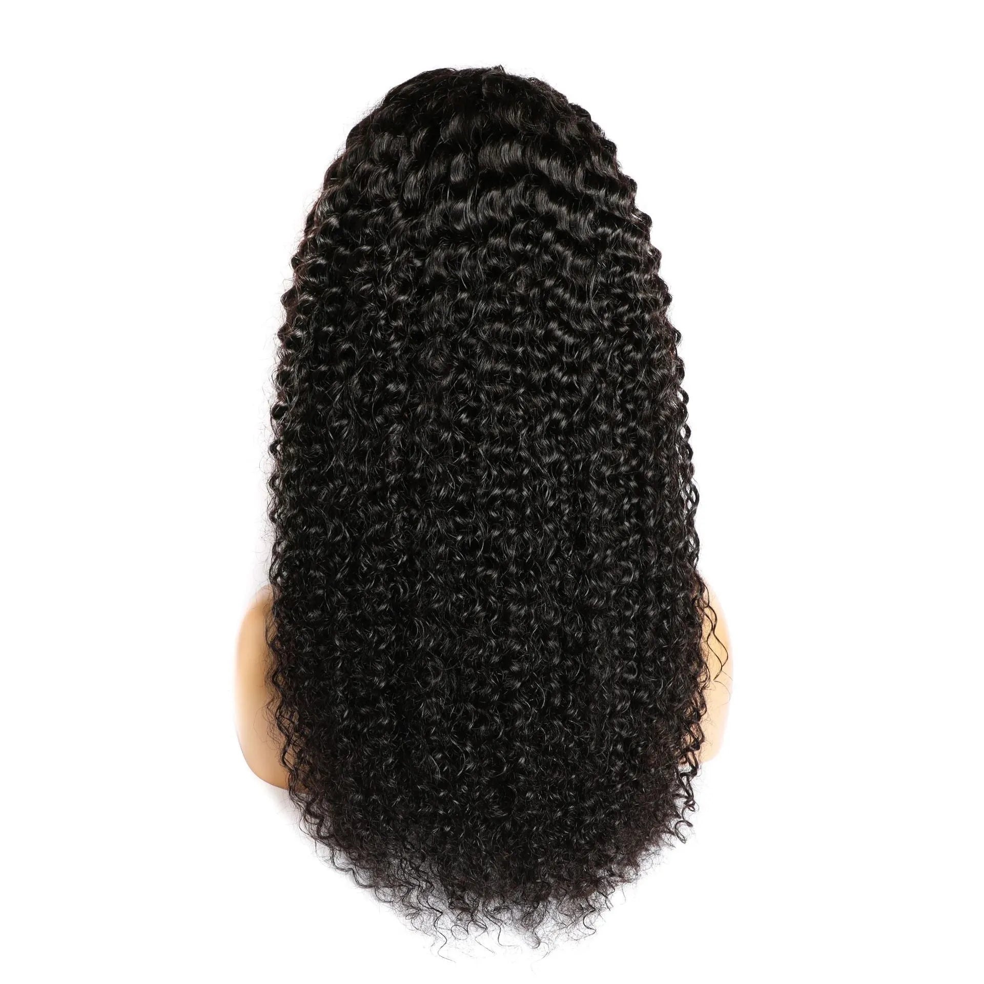 Curly human hair lace front wig with hand woven construction showing natural texture