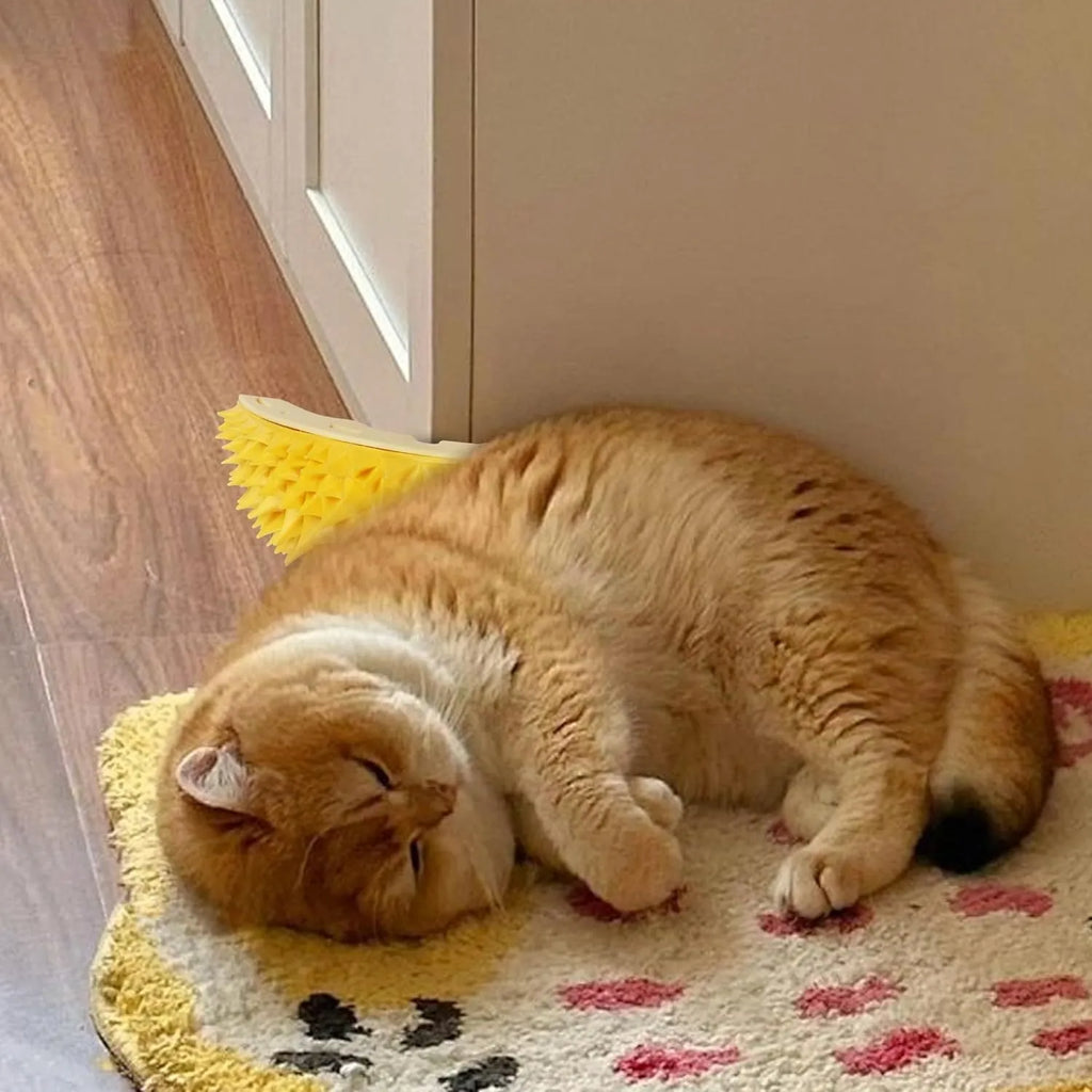 Yellow durian-shaped cat corner scratcher and grooming toy with catnip.