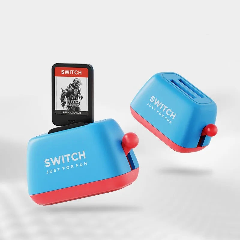 Green Switch game card storage box with a driver-style design on a table.