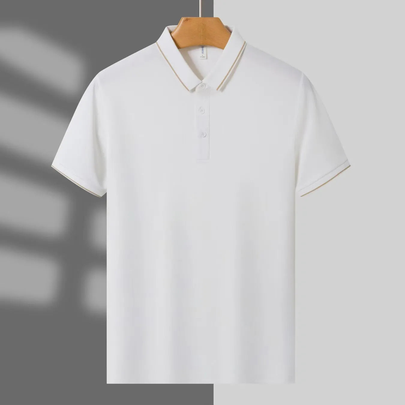 Men's loose-fit summer polo shirt in army green, short sleeves, on a hanger.
