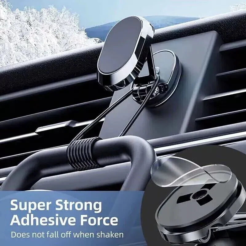 Chrome magnetic car phone holder with foldable bracket and 360-degree swivel on a car dashboard