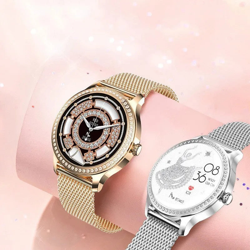 Women's smart watch with Bluetooth calling in gold Milan steel finish showing TFT screen display