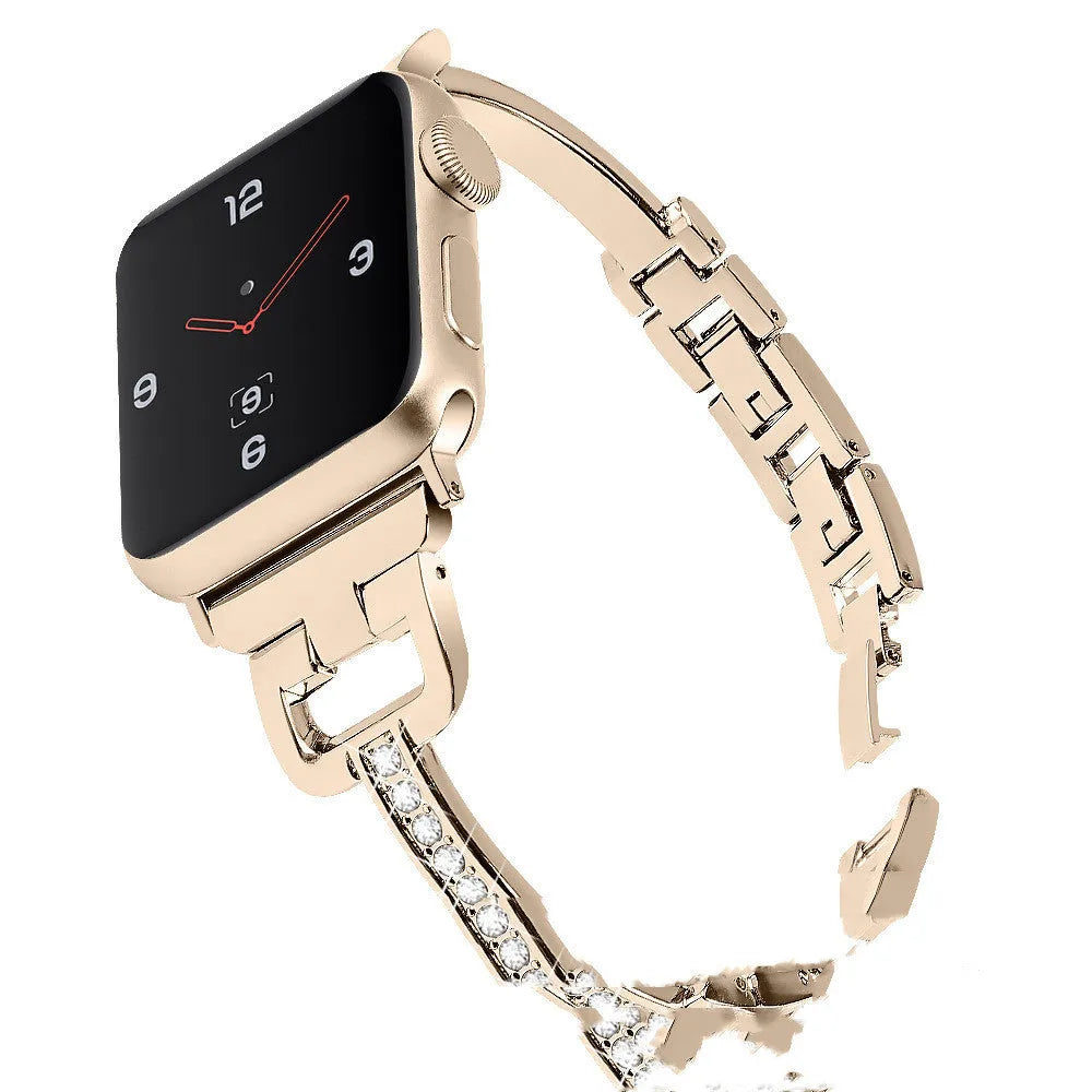 Apple Watch metal strap with diamond pattern in D-shaped connector design showing multiple colour options