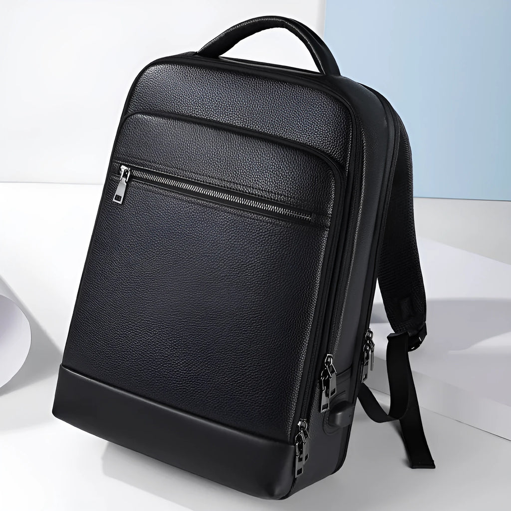 Black genuine leather men's business computer backpack with curved shoulder strap