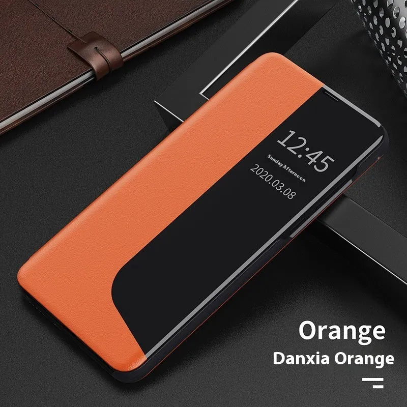 Huawei phone case with magnetic side window, flip bracket, PC leather, Chinese red colour, for Mate 60