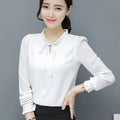 Loose plus size bow chiffon shirt in rose red, pullover style, long sleeves, polyester fabric, front view