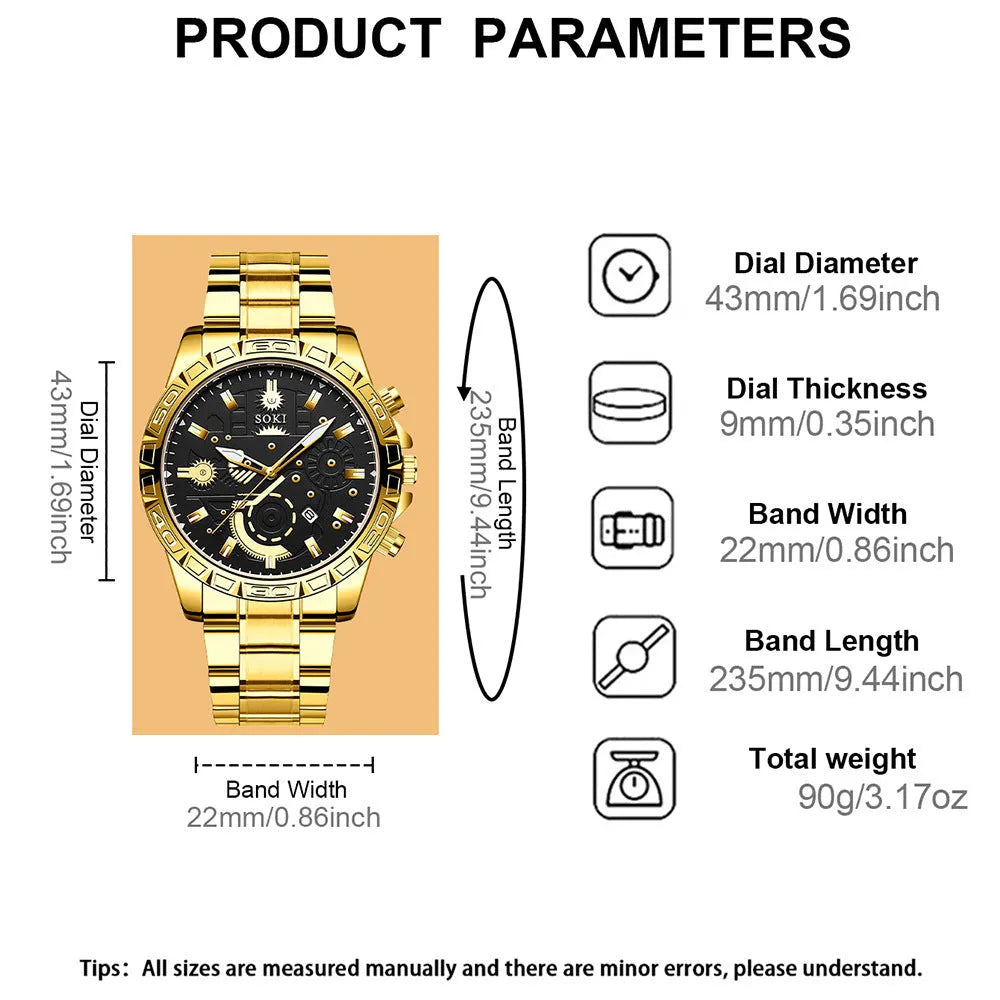 Gold men's business quartz watch with stainless steel strap and calendar on display