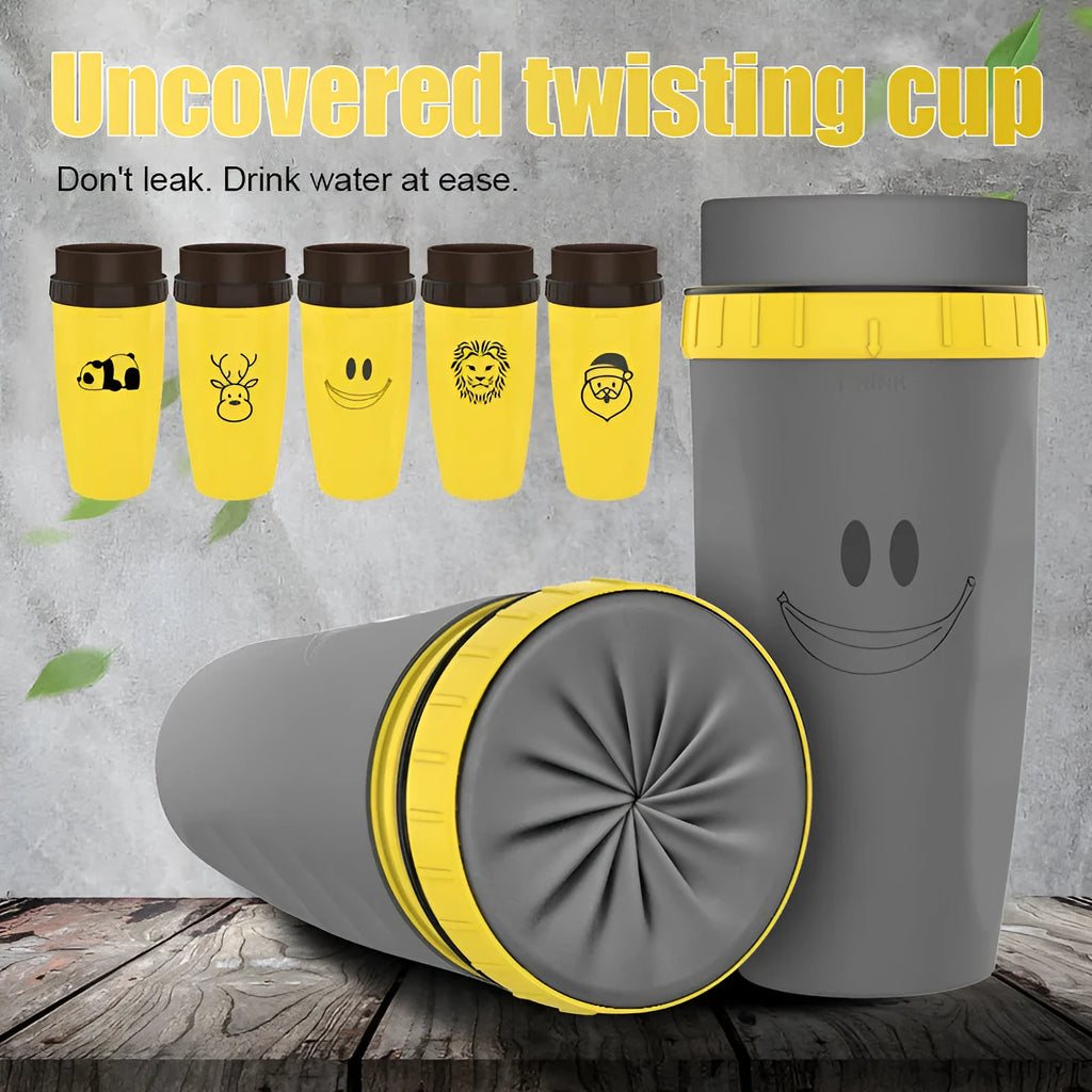 Double wall insulated travel tumbler with twist seal showing cartoon patterns and straw